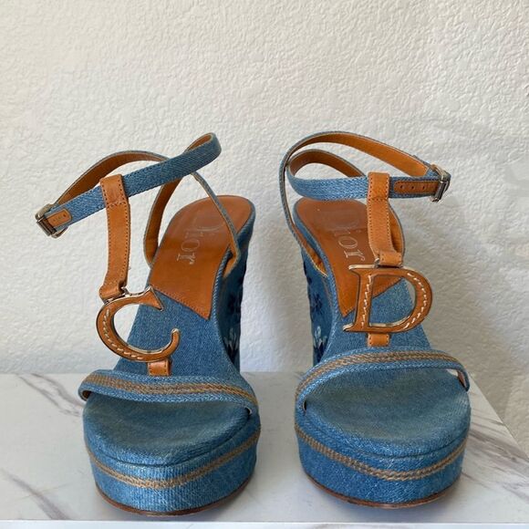 Dior Blue Denim Wedge Platform Sandals - Picture 1 of 8
